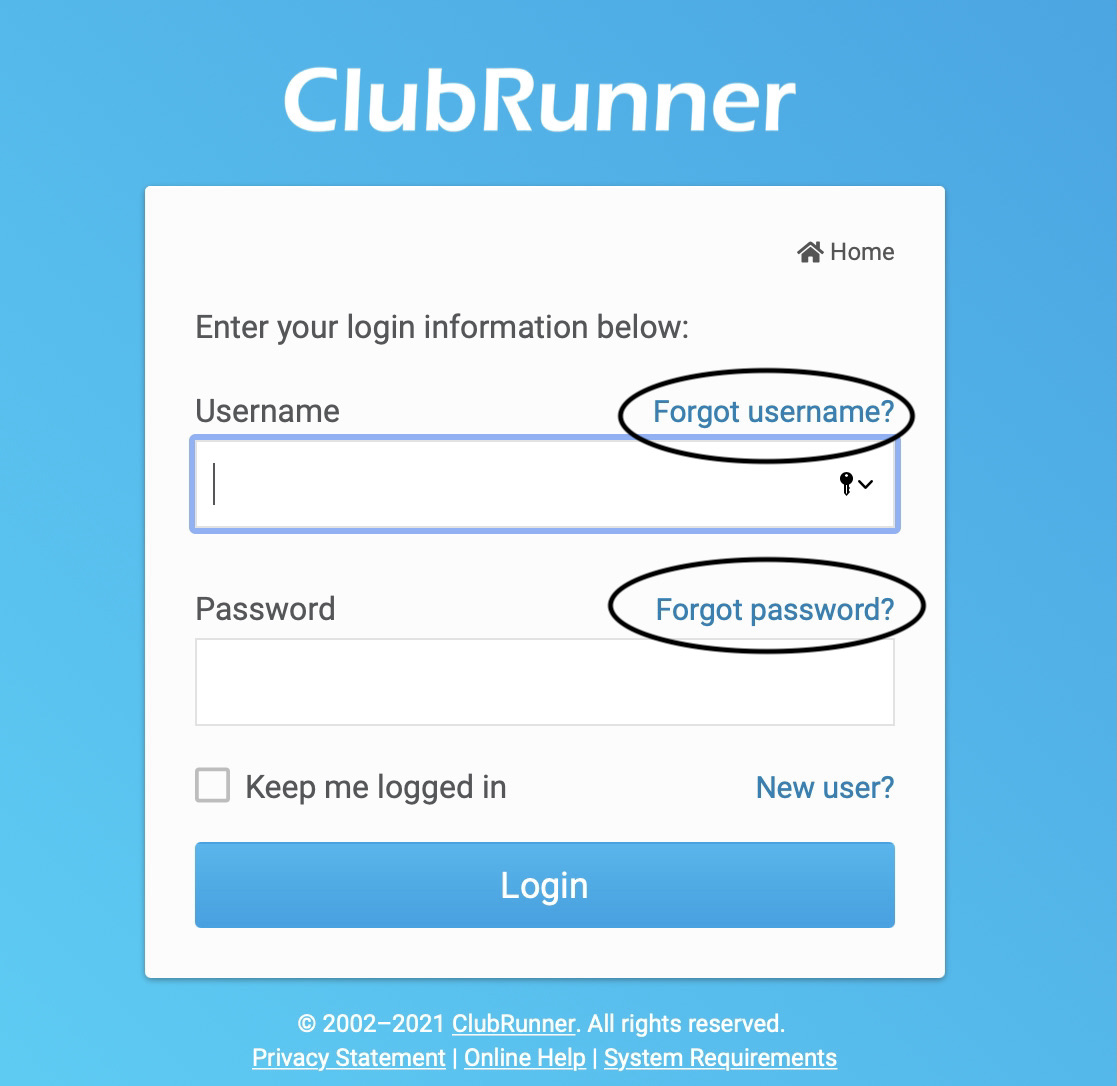 This is an image of the login space in club runner. 